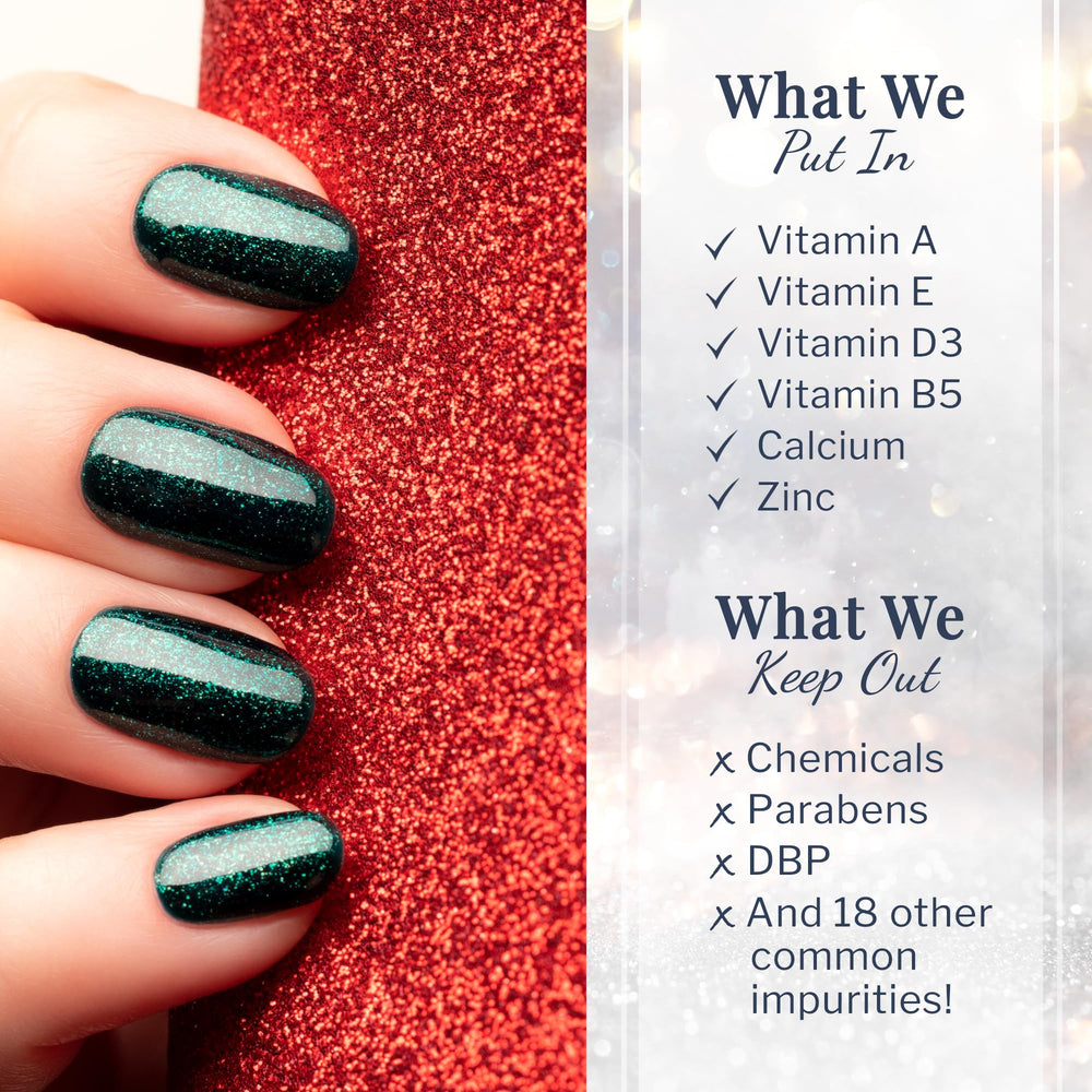 SNS Holidazzle Whispering Evergreen on-nail look for durable holiday color.