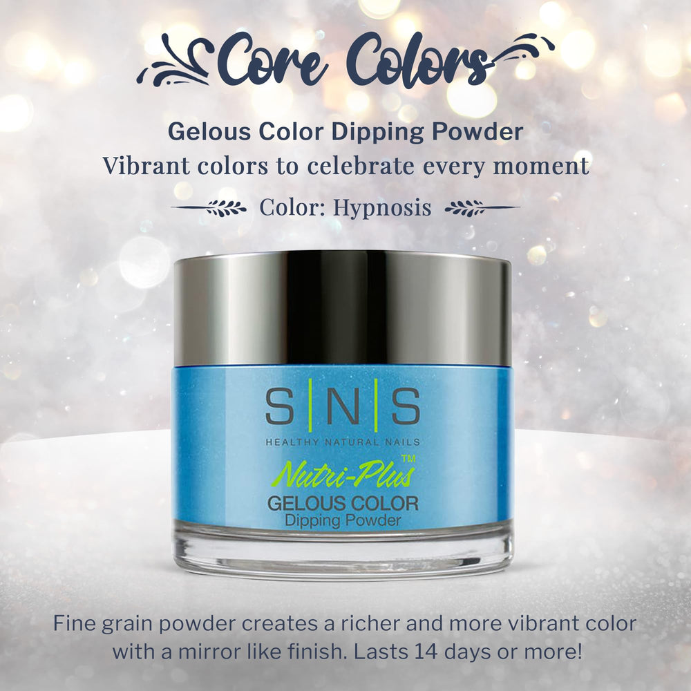SNS Hypnosis blue shimmer nails close-up with salon-quality finish