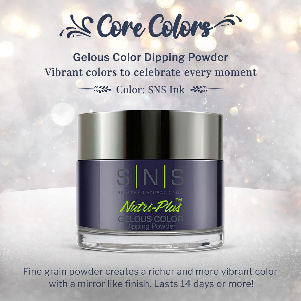 SNS Ink dip powder jar displays colors for easy DIY manicure.
