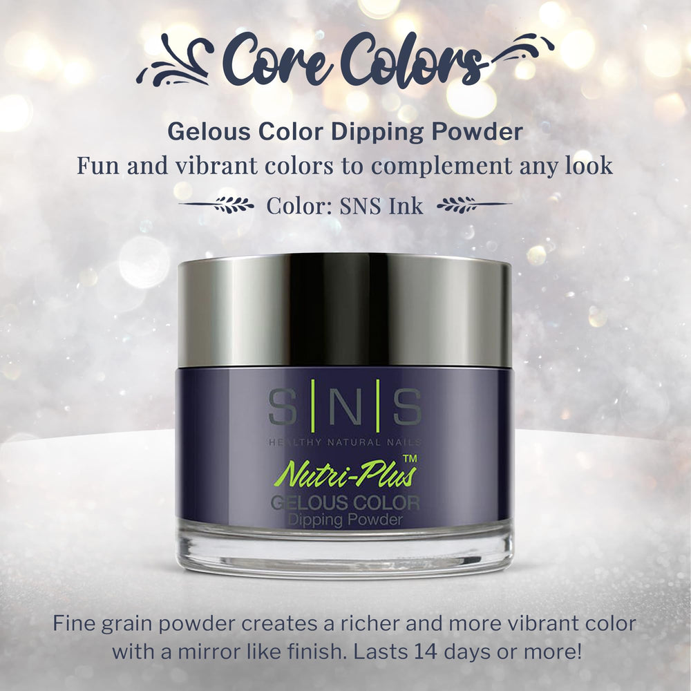 Closeup of SNS Ink navy indigo nails showing rich color and shine.