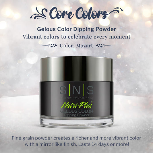 SNS Mozart black dip powder color swatch displays deep black shade for dramatic nails