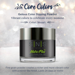 SNS Mozart black dip powder color swatch displays deep black shade for dramatic nails