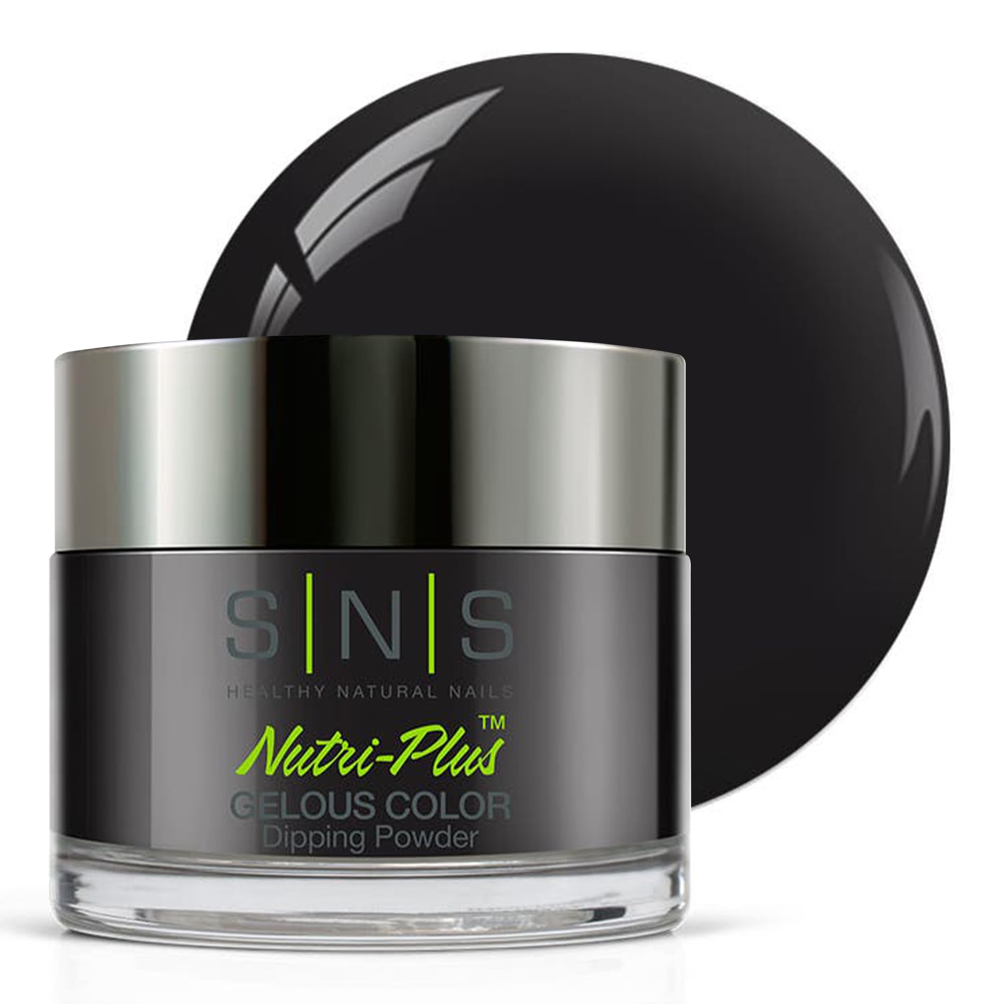 SNS Mozart black dip powder jar shows rich color and quick-drying finish
