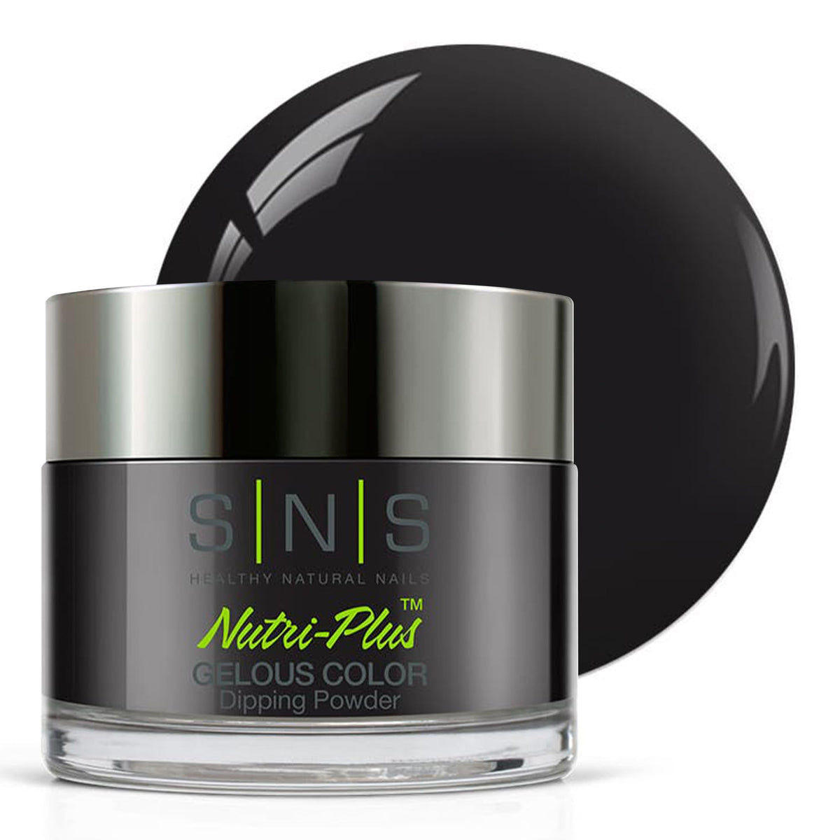 SNS Mozart black dip powder jar close-up for vibrant, long-lasting nails