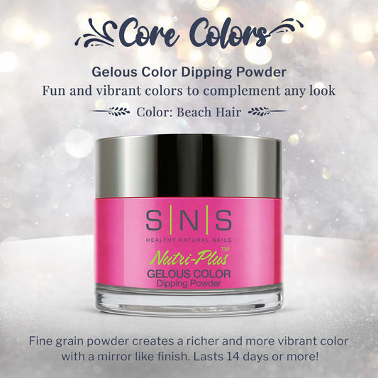 SNS Beach Hair swatch shows pink-magenta-cream blend with a mirror-like finish.