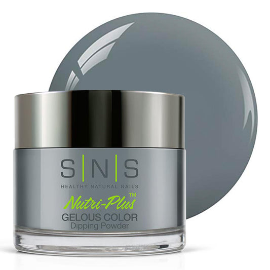 SNS Nail Dip Blue Steel bottle close reveals a shimmering gray shade for a chic look.