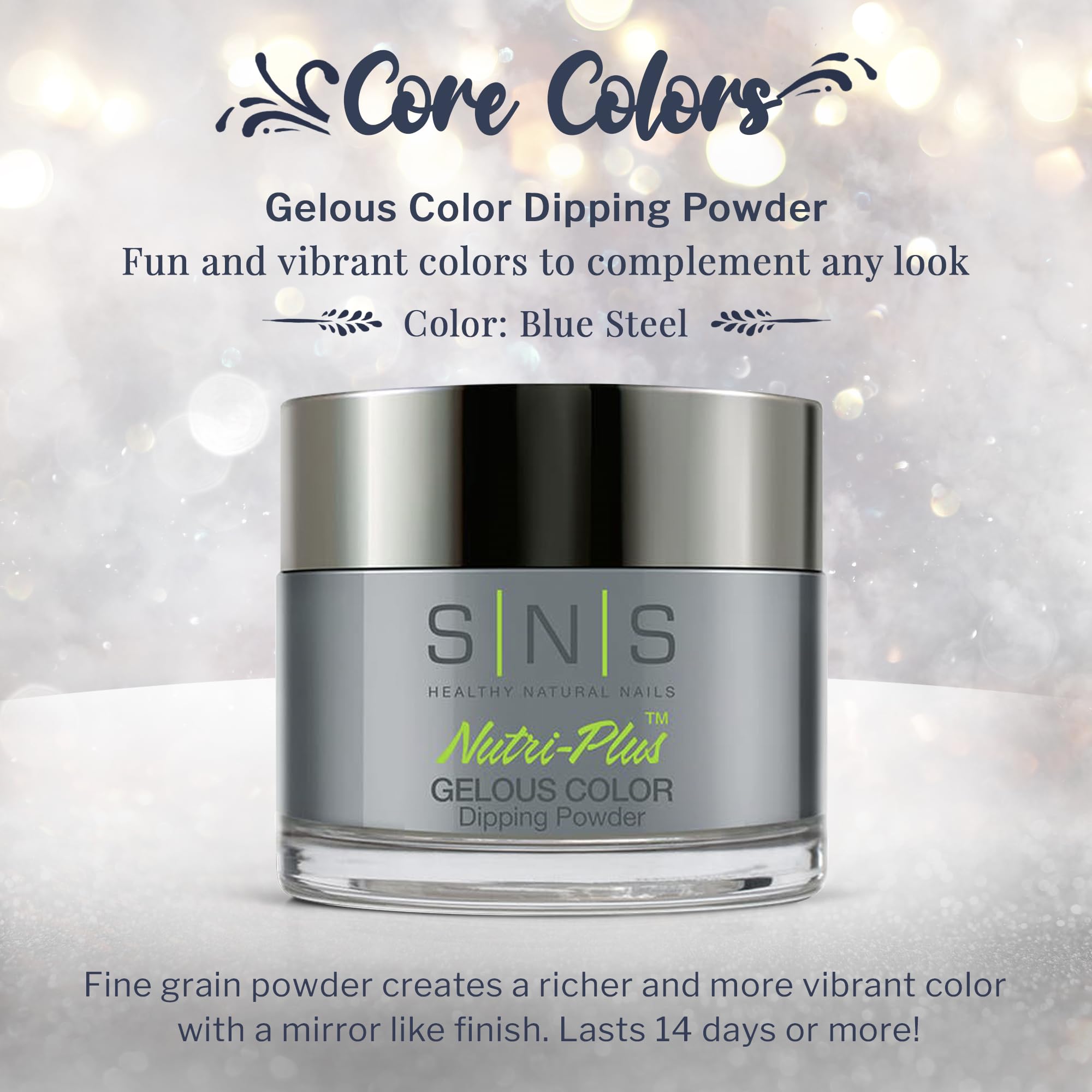 SNS Nail Dip Blue Steel jar powder highlights pigment without UV exposure.