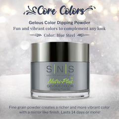 SNS Nail Dip Blue Steel jar powder highlights pigment without UV exposure.