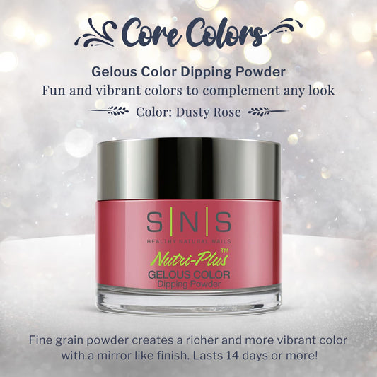 SNS Nail Dip Powder Dusty Rose jar close-up highlights shimmer and instant color.