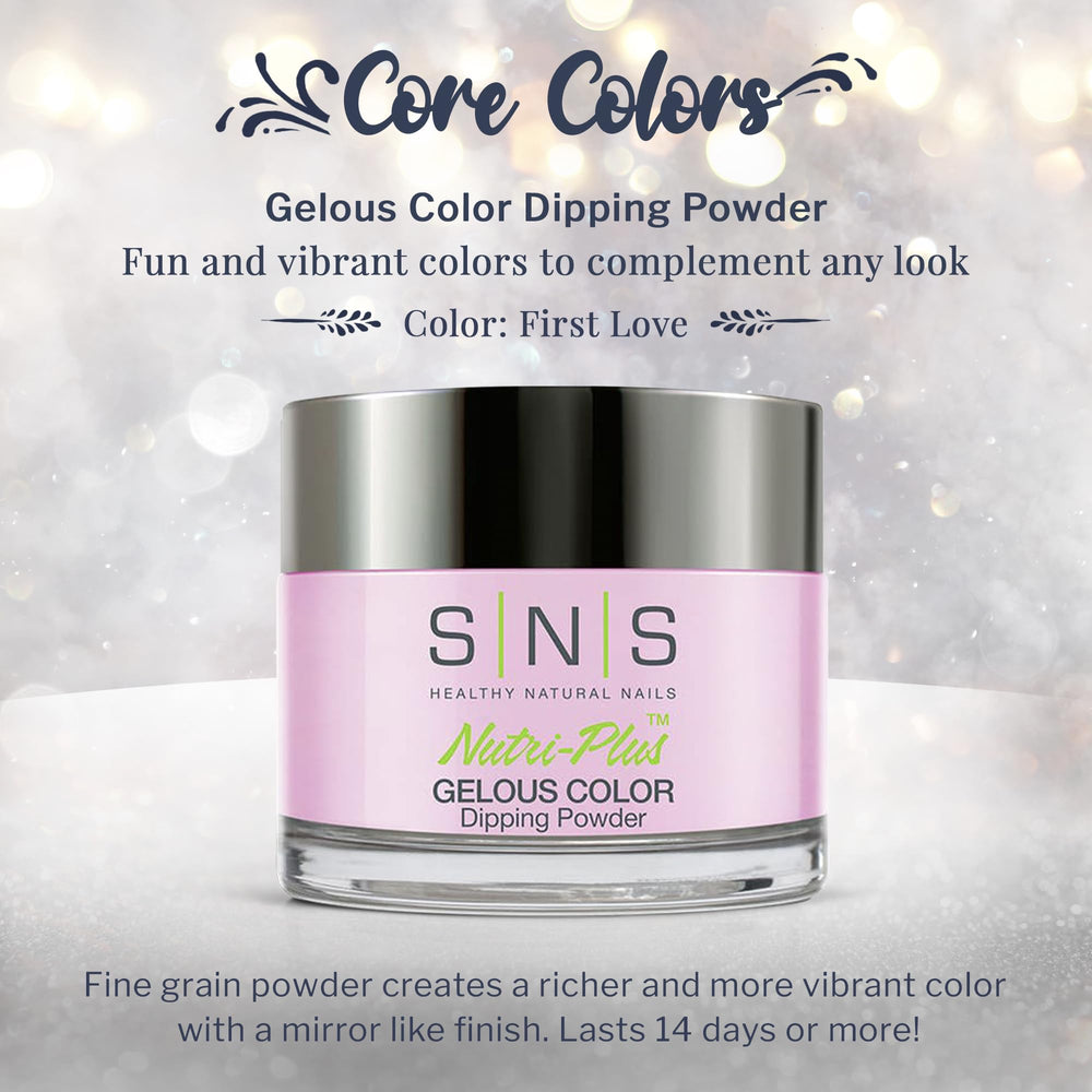 SNS Nails First Love powder swatch showing creamy pastel purple finish for elegant at-home manicure.
