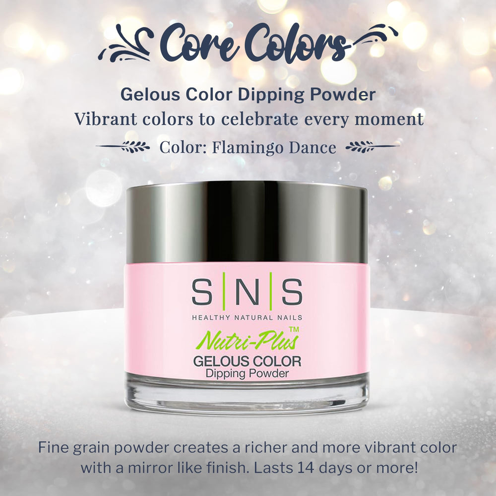 Closeup of SNS Nail Dip Flamingo Dance powder revealing fine-grain color