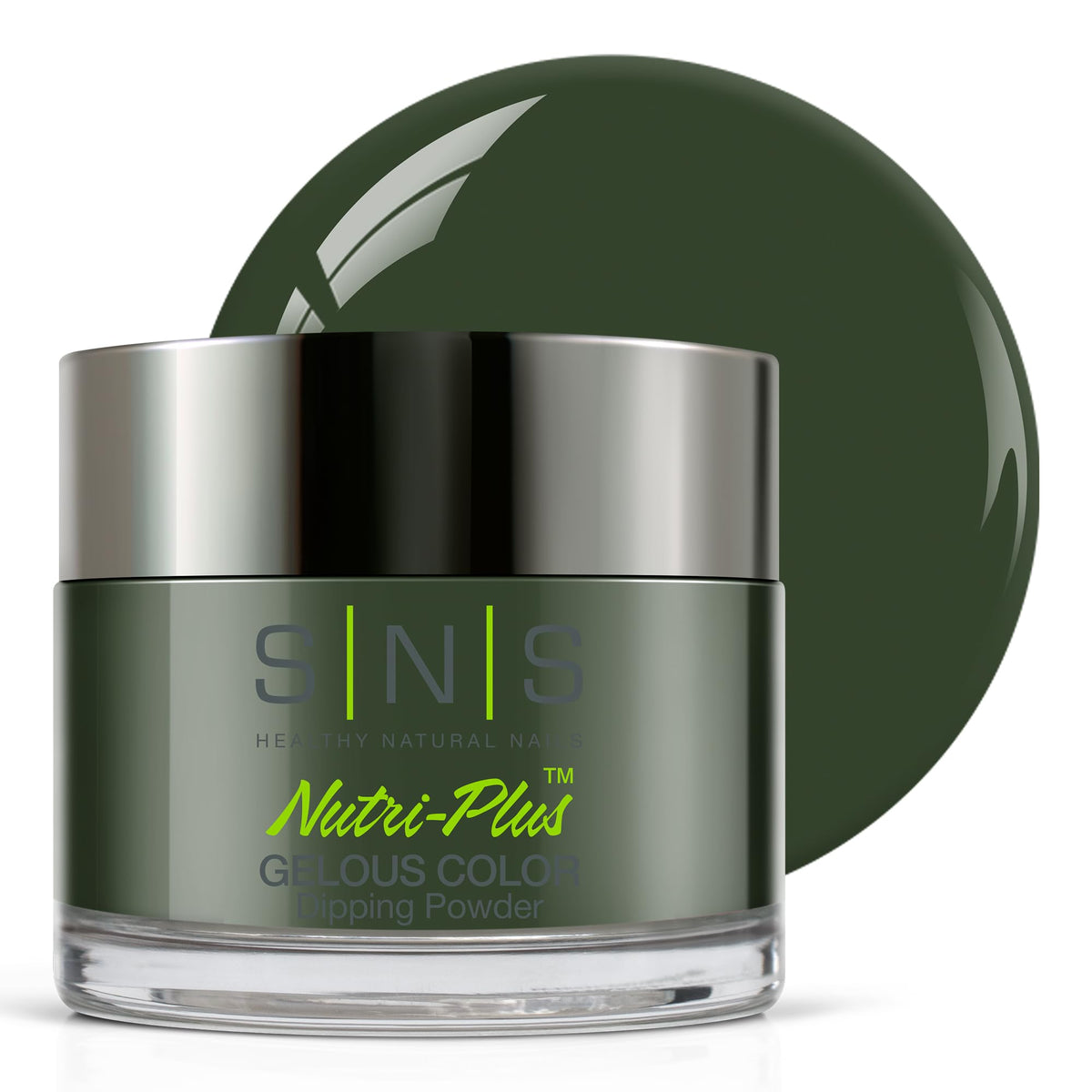 SNS Nail Dip Green Eggs & Ham bottle closeup shows rich color for long-lasting wear.