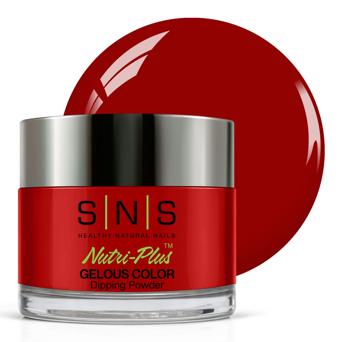 SNS Nail Dip Love Song jar close-up shows rich red-berry shade for elegant nails.