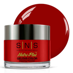 SNS Nail Dip Love Song jar close-up shows rich red-berry shade for elegant nails.
