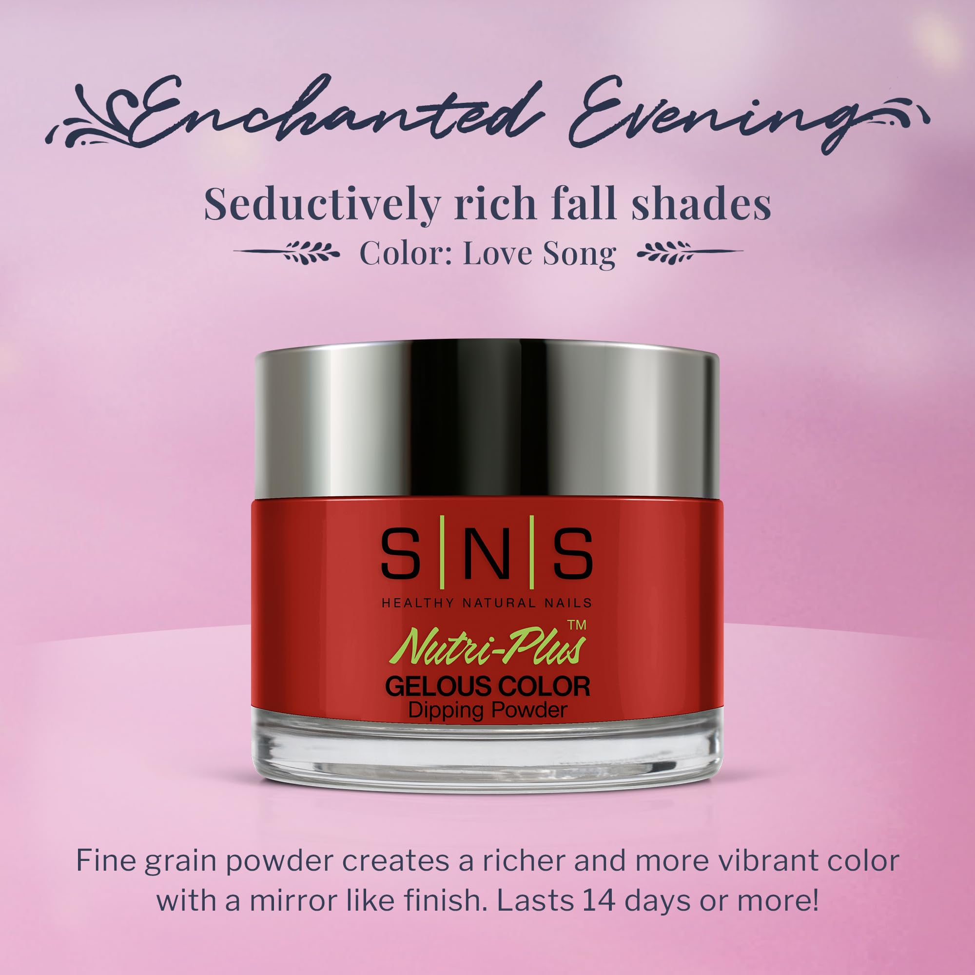 SNS Nail Dip Love Song swatch displays vibrant red-berry finish on natural nails.