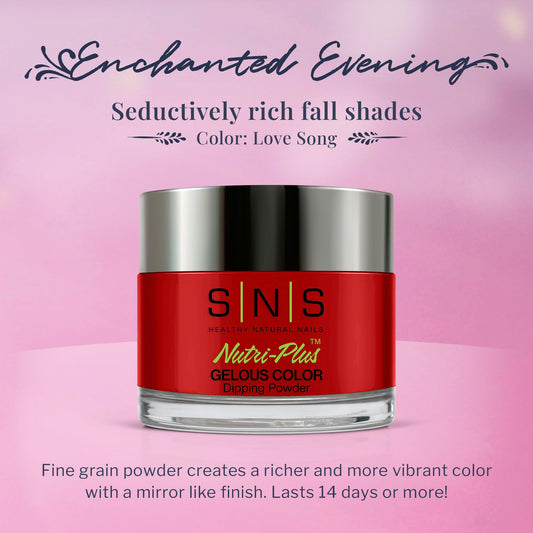 SNS Nail Dip Love Song swatch displays vibrant red-berry finish on natural nails.