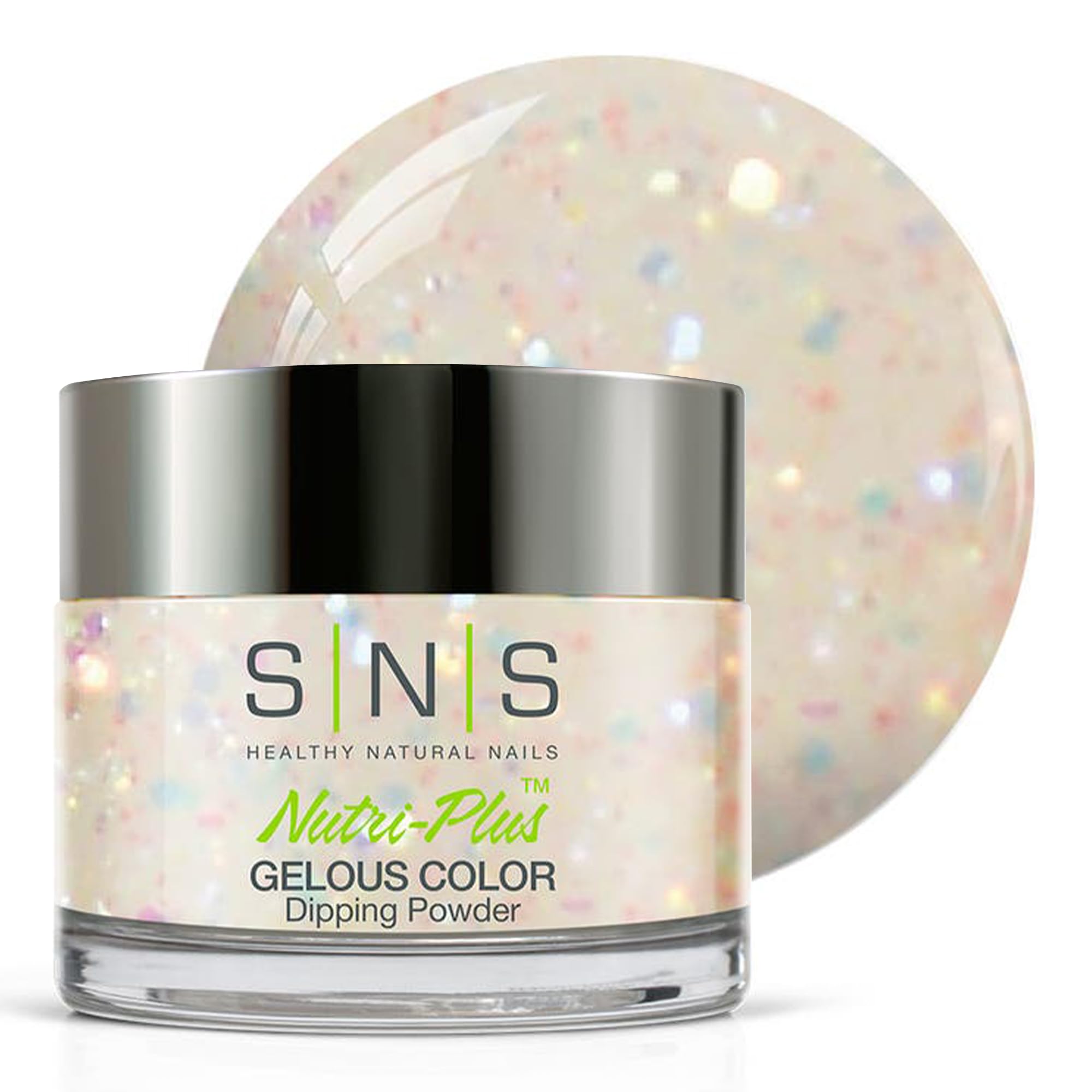 SNS Nail Dip Powder Angel Dust bottle showcases creamy white with subtle glitter for salon-worthy nails.