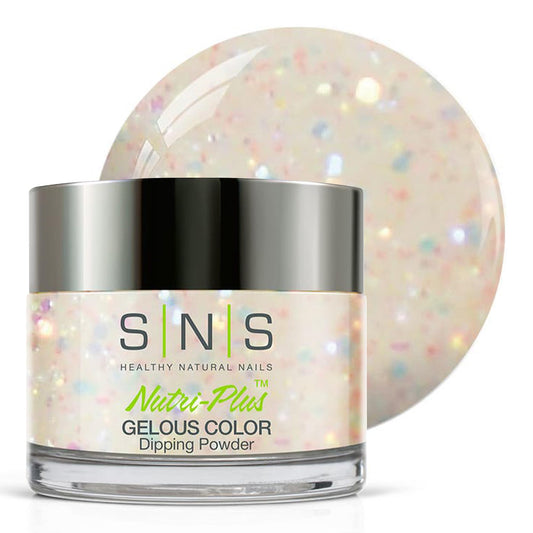 SNS Nail Dip Powder Angel Dust bottle showcases creamy white with subtle glitter for salon-worthy nails.