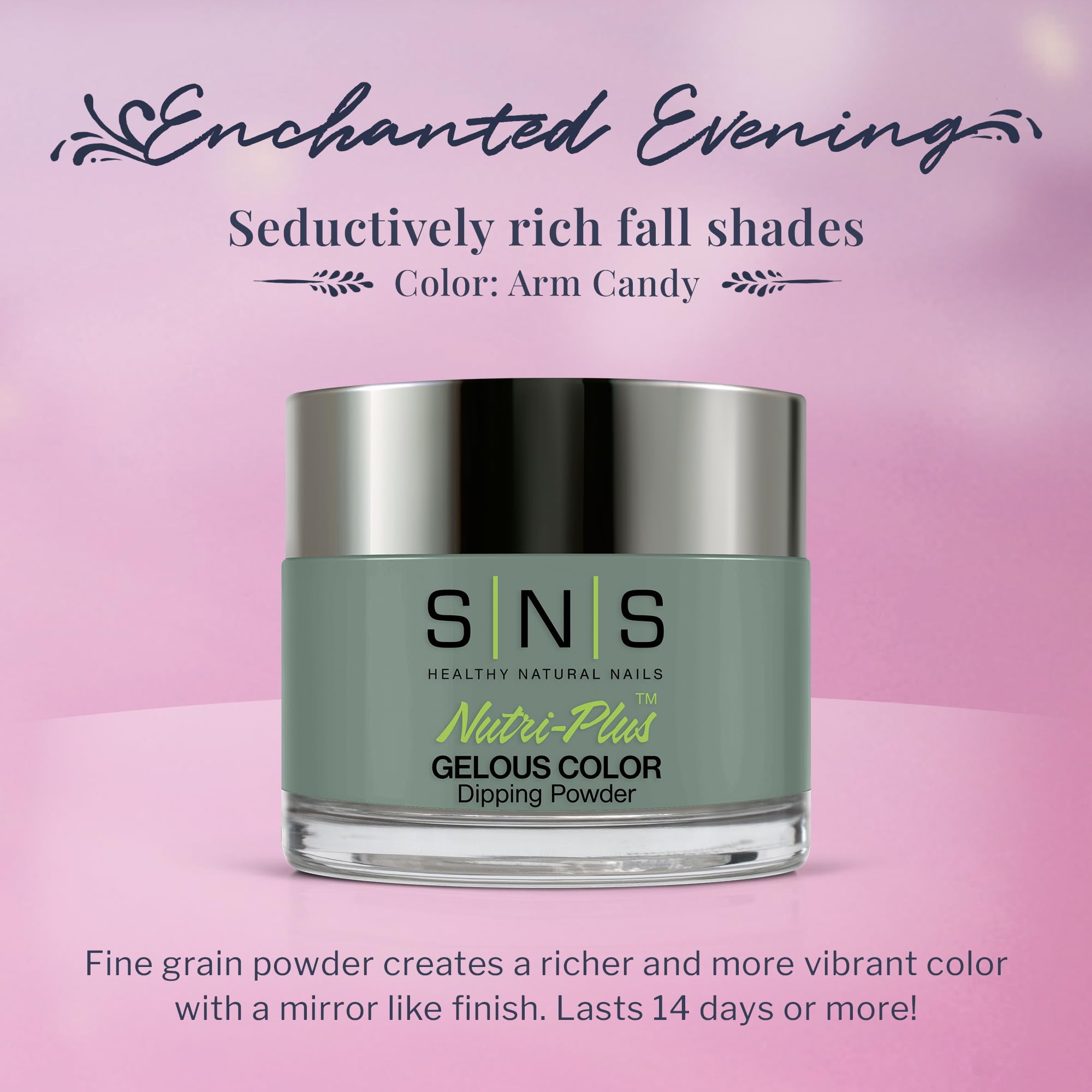 SNS Nail Dip Powder Arm Candy jar close-up highlighting fine-grain formula for vibrant color