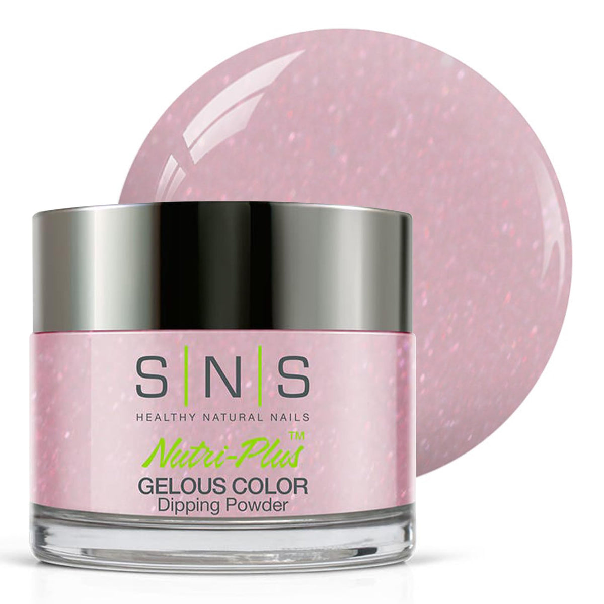 SNS Nail Dip Powder Beyond Ecstasy bottle closeup showing pink shimmer finish.