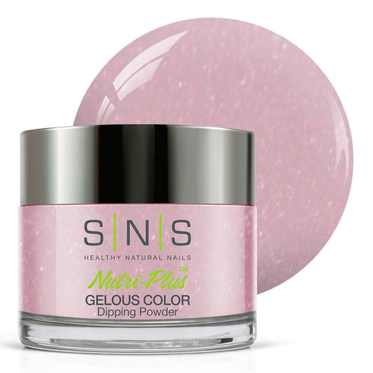 SNS Nail Dip Powder Beyond Ecstasy bottle closeup showing pink shimmer finish.
