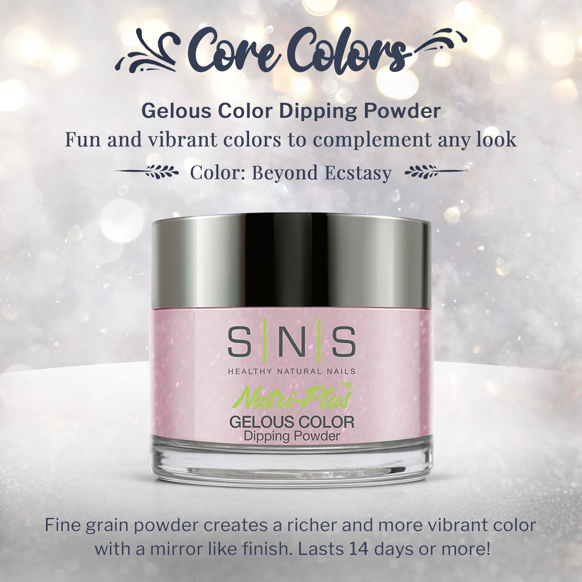 SNS Nail Dip Powder Beyond Ecstasy swatches reveal rich rose shimmer.