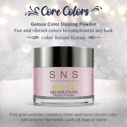 SNS Nail Dip Powder Beyond Ecstasy swatches reveal rich rose shimmer.