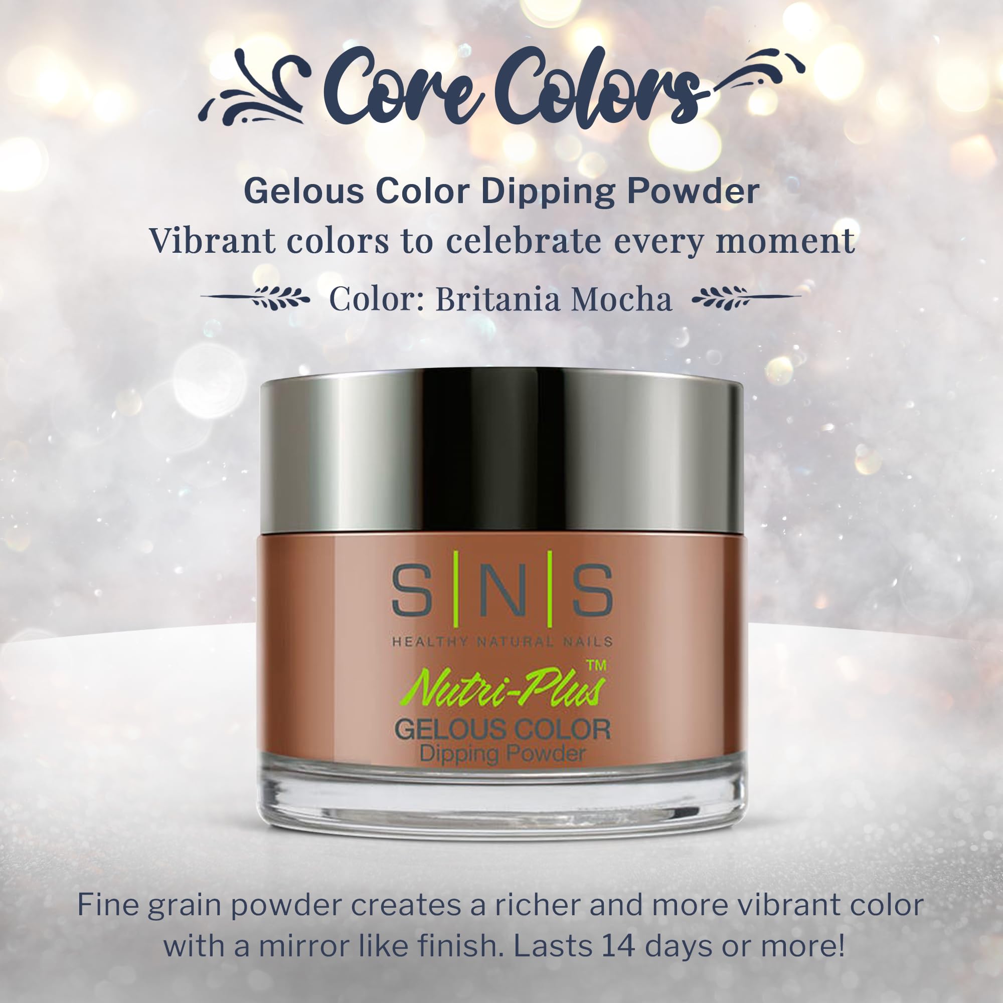SNS Britania Mocha powder swatch reveals deep brown shimmer for nail art.