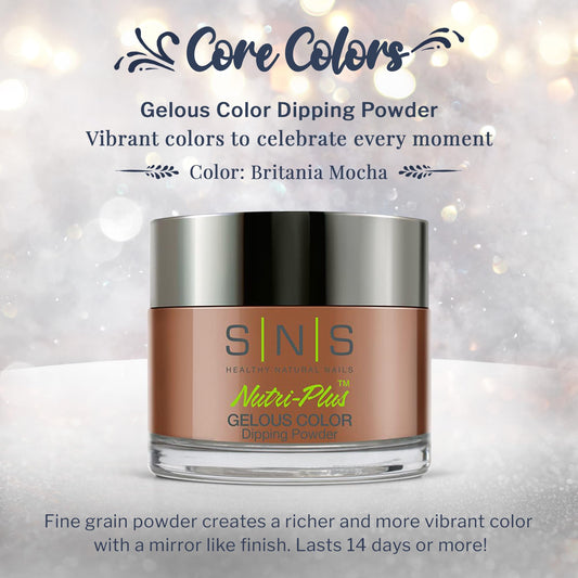 SNS Britania Mocha powder swatch reveals deep brown shimmer for nail art.