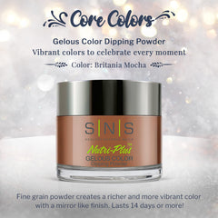 SNS Britania Mocha powder swatch reveals deep brown shimmer for nail art.