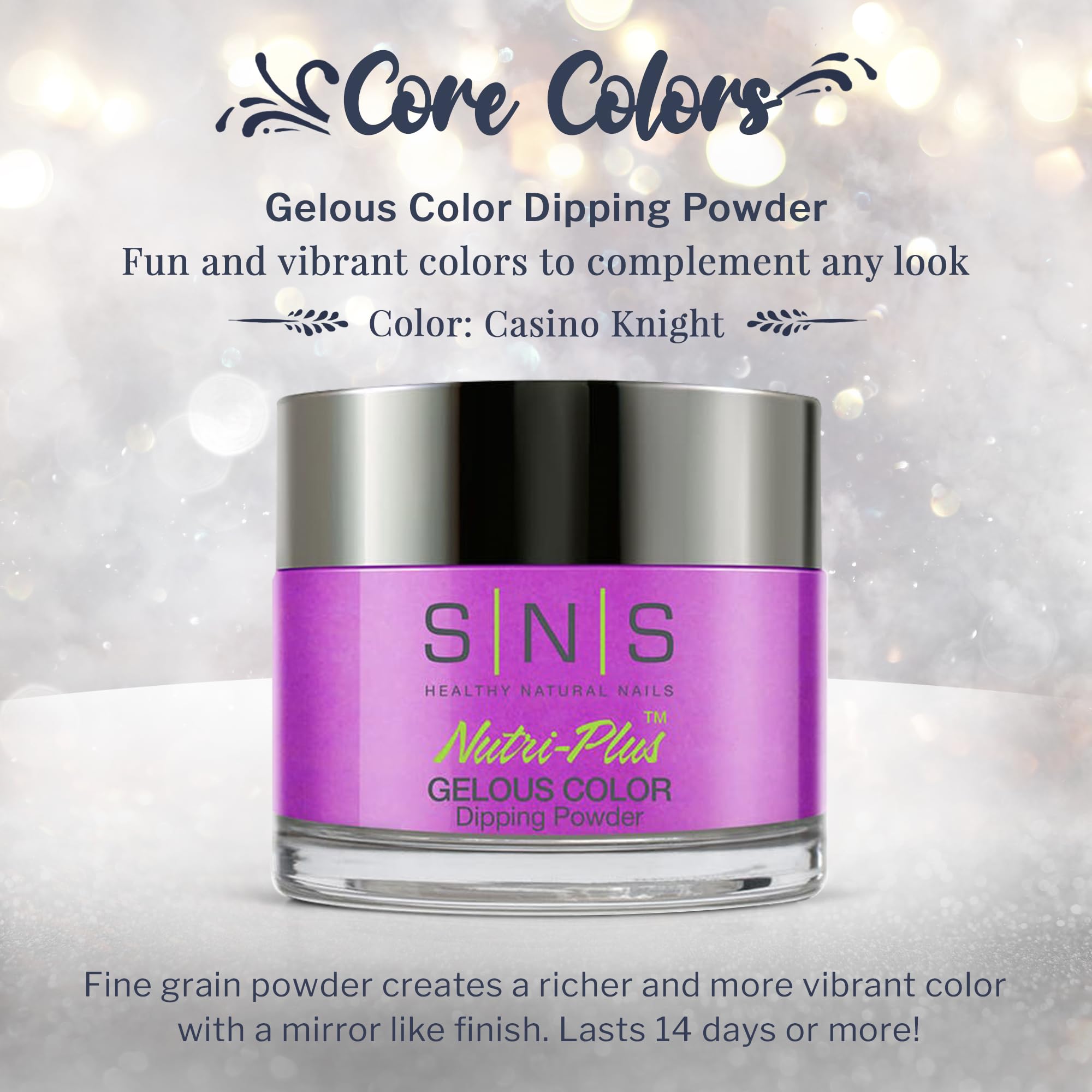 SNS Nail Dip Powder Casino Knight purple-magenta swatch highlights rich, bold manicure.