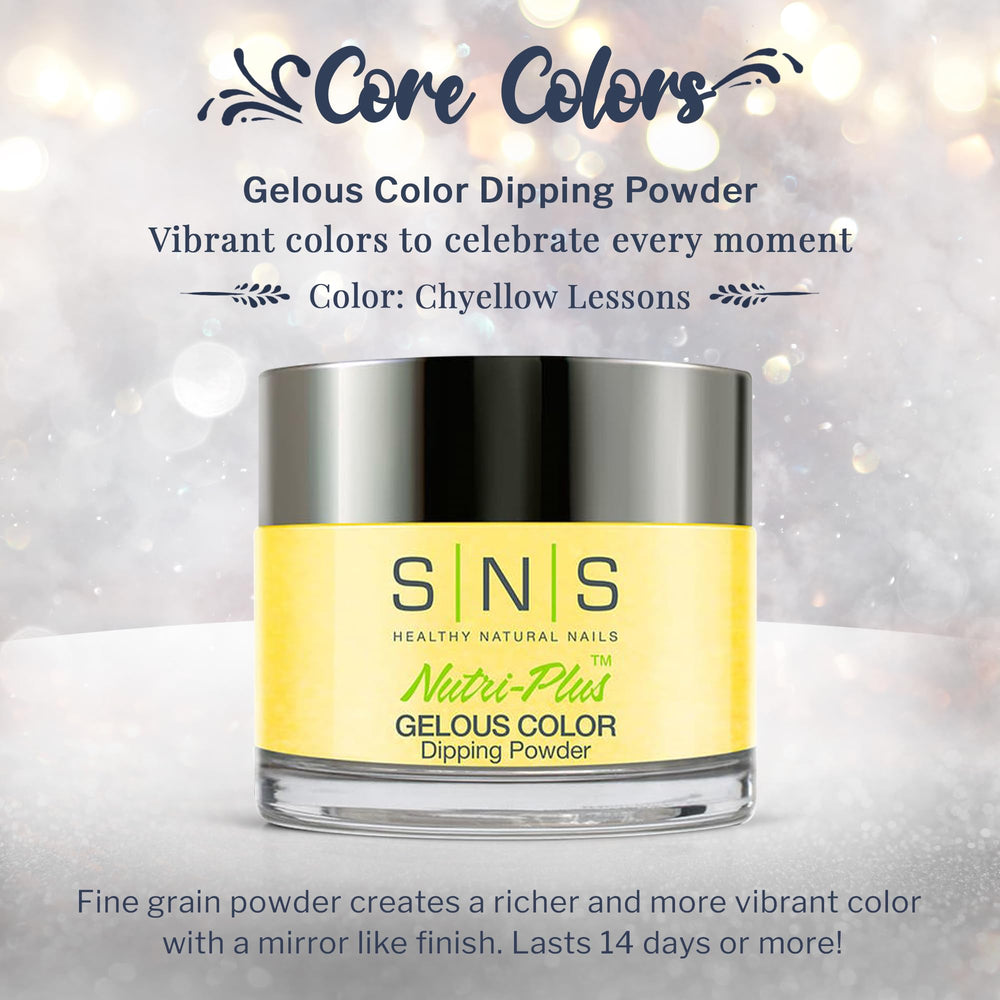 SNS Nail Dip Powder Chyellow Lessons swatch on nails showing warm yellow-cream shade.