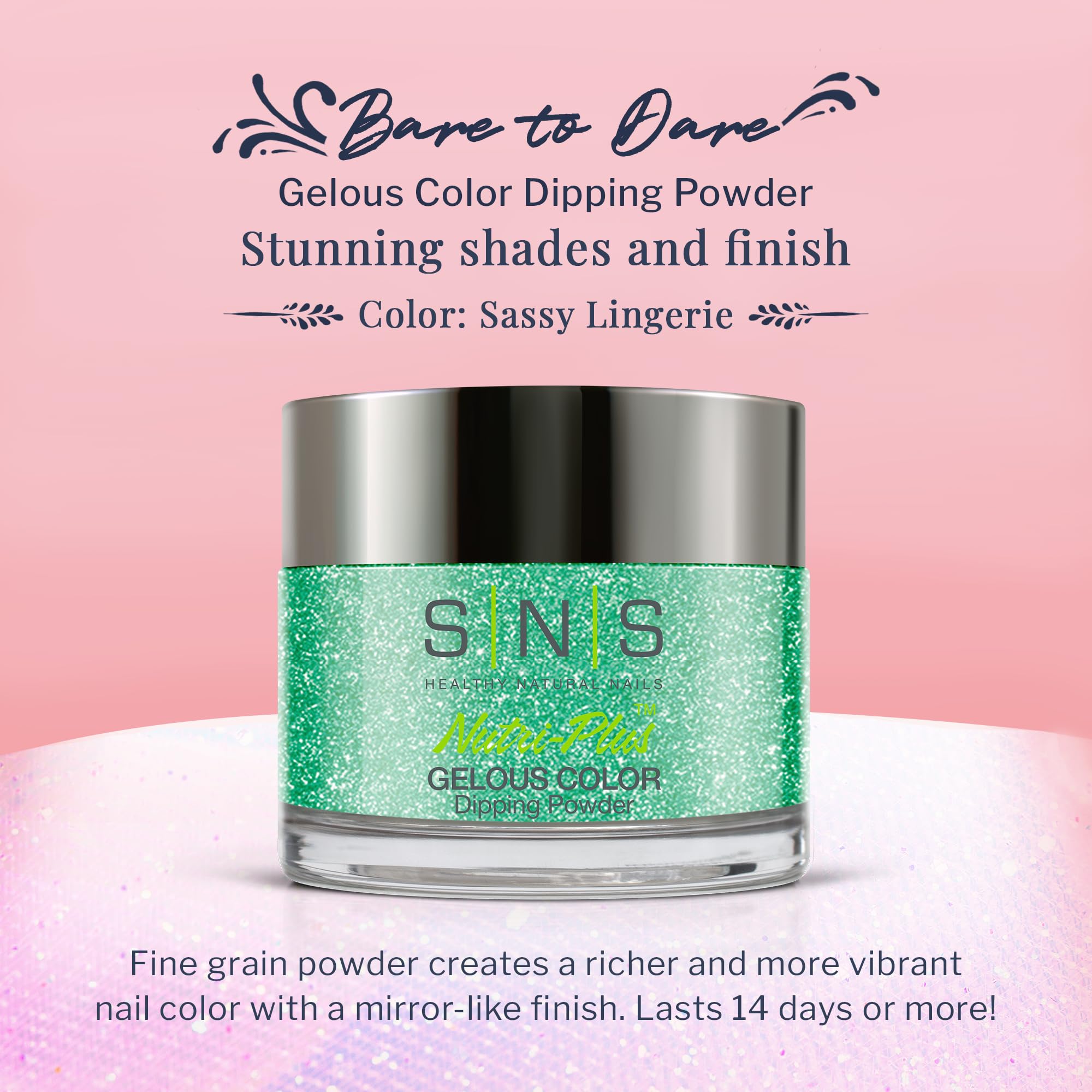 SNS dip powder color swatch in green shows rich, vibrant finish