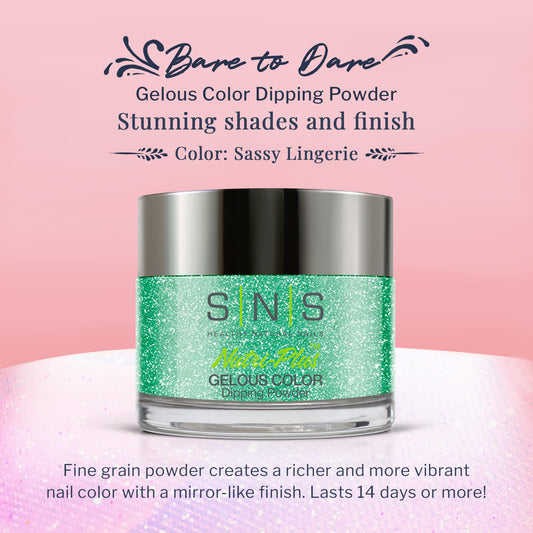 SNS dip powder color swatch in green shows rich, vibrant finish