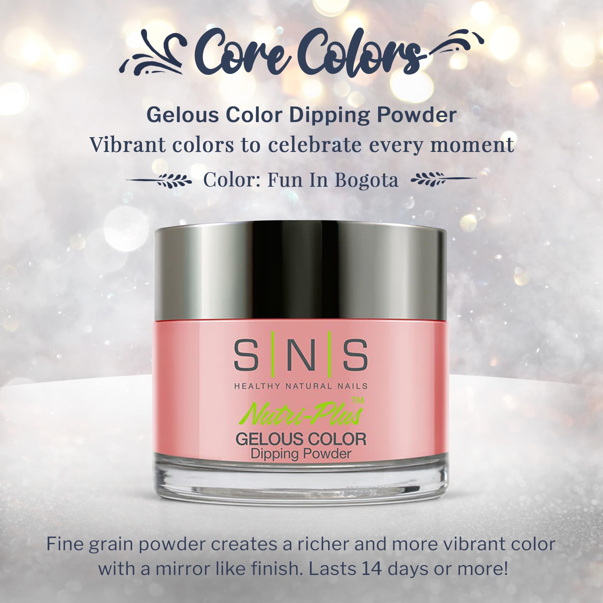SNS Nail Dip Powder Core Colors with fine-grain powder for smooth, vibrant color.