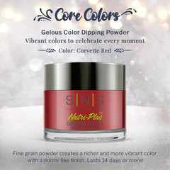 SNS Corvette Red color swatch reveals a deep, vibrant shade for at-home choices.