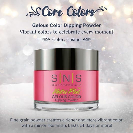 SNS Nail Dip Powder Cosmo fuchsia-red swatch offers a bold, statement manicure.