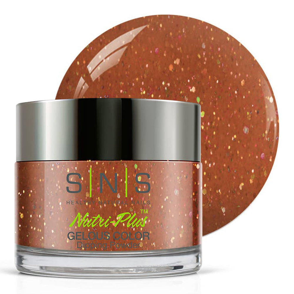 SNS Nail Dip Powder Crimson King jar shows rich brown glitter for lasting color.