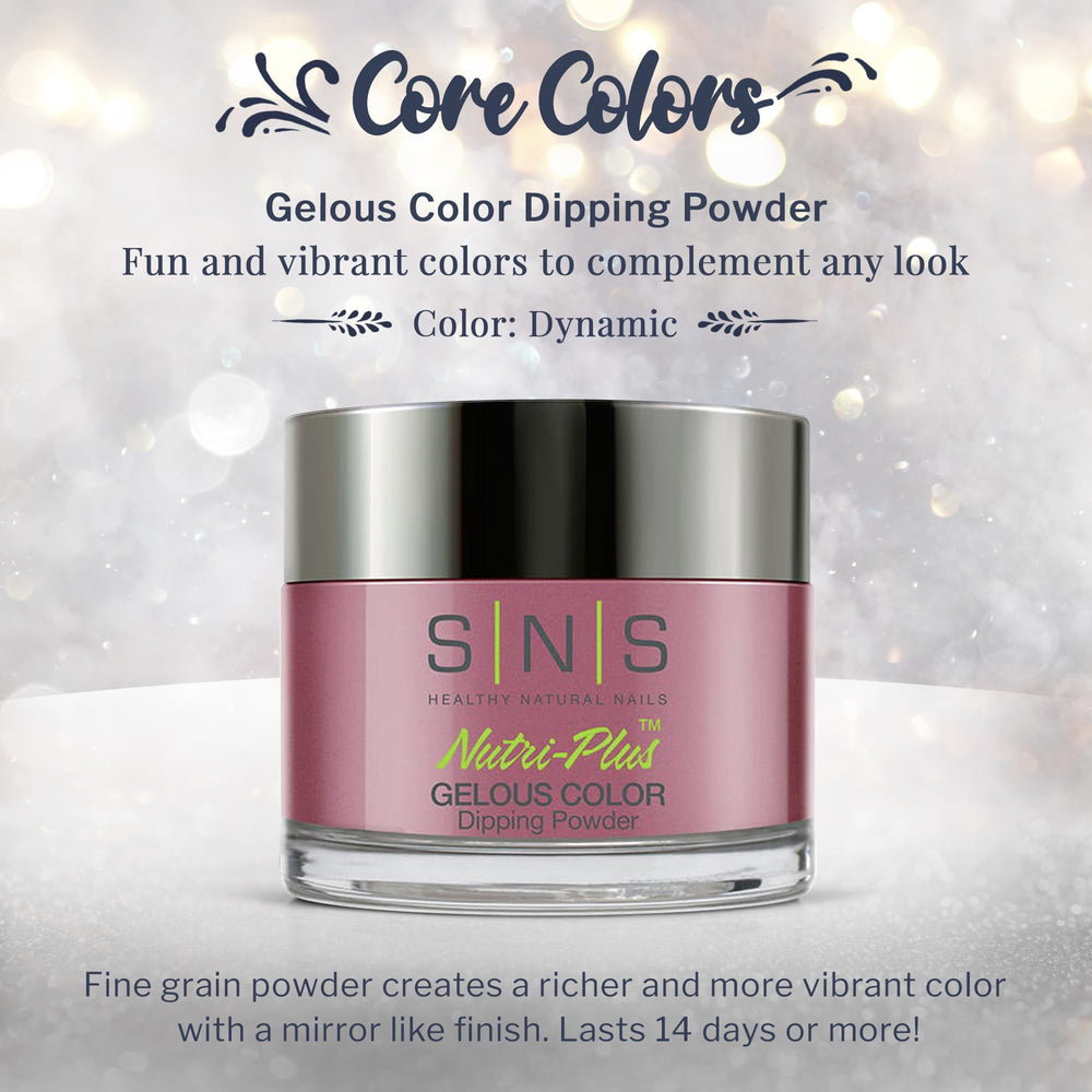 SNS Nail Dip Powder Dynamic pink mauve shimmer bottle; no UV lamp required for easy at-home color.