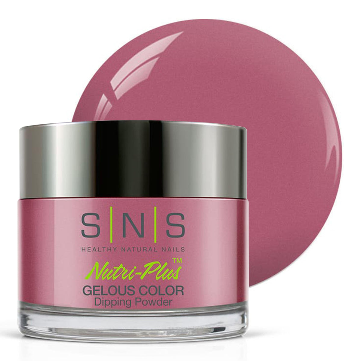 SNS Nail Dip Powder Dynamic pink mauve shimmer jar; long-lasting color you can apply at home.