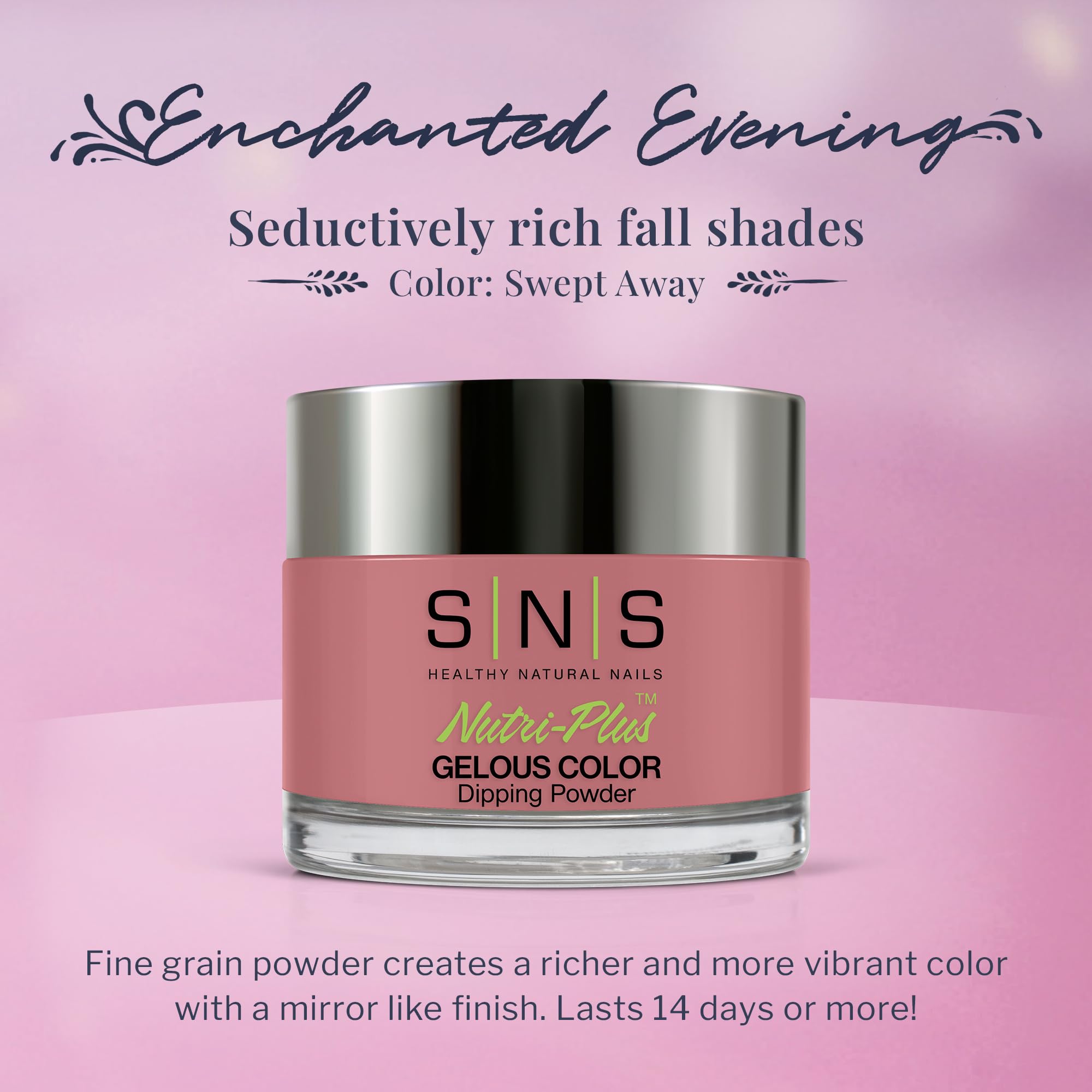 SNS Enchanted Evening collection pink-rose shade on nails for everyday elegance.