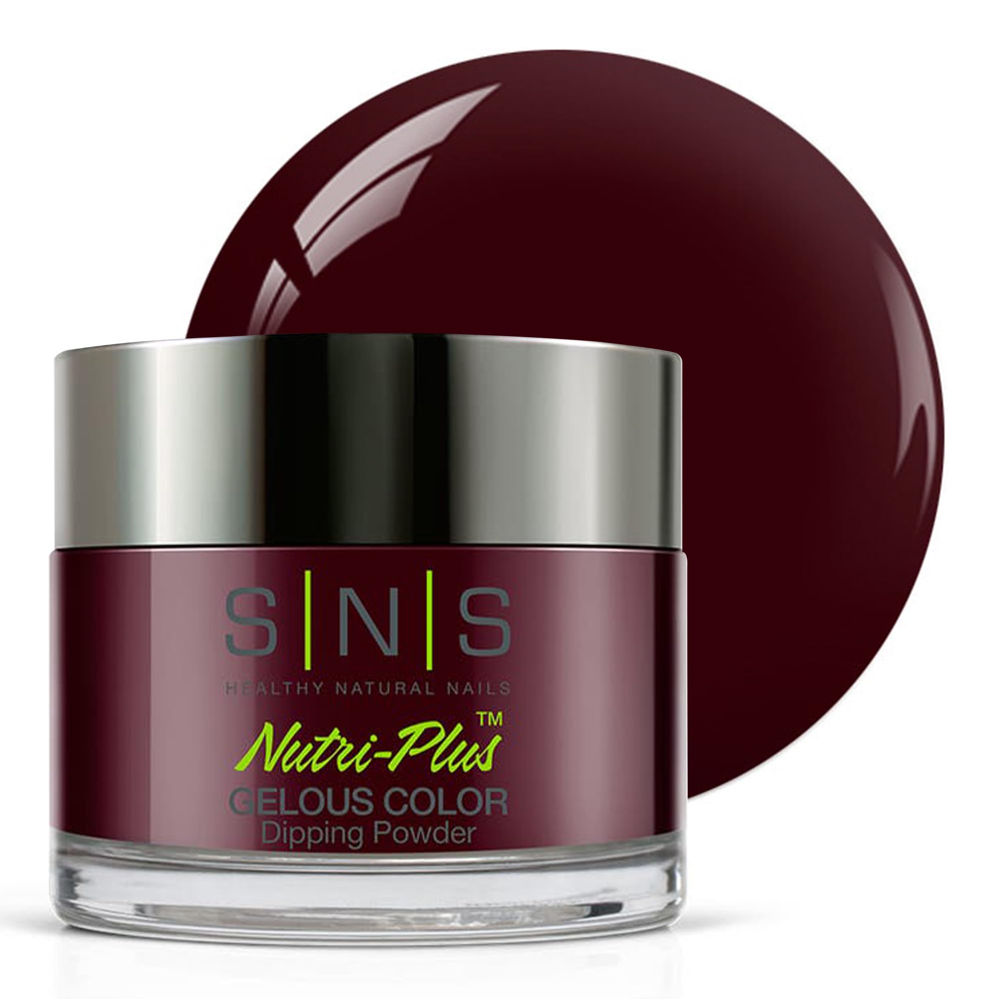 SNS Euro Talks dip powder swatch in wine shade; rich color and long-lasting finish.