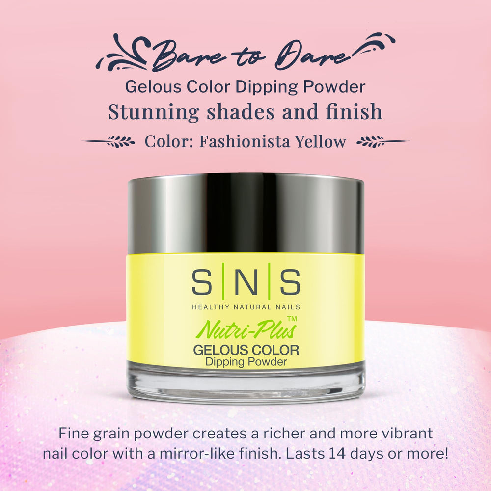 SNS Nail Dip Powder Fashionista Yellow nails on hand demonstrate long-lasting color for everyday wear.