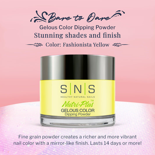 SNS Nail Dip Powder Fashionista Yellow nails on hand demonstrate long-lasting color for everyday wear.