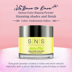 SNS Nail Dip Powder Fashionista Yellow nails on hand demonstrate long-lasting color for everyday wear.