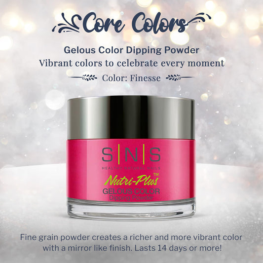 SNS Nail Dip Powder Finesse jar label shows rich color and low-odor formula