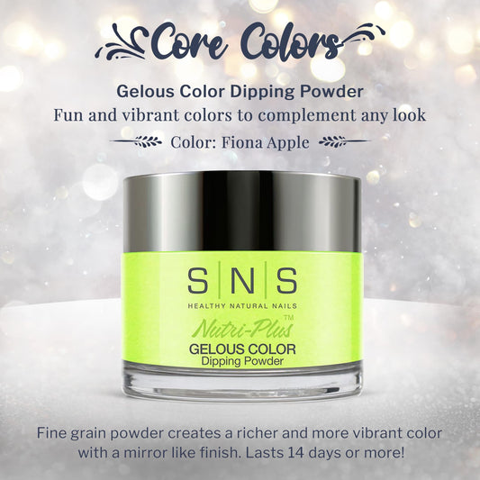 SNS Nail Dip Powder Fiona Apple color swatch highlights vibrant green and cream tones.