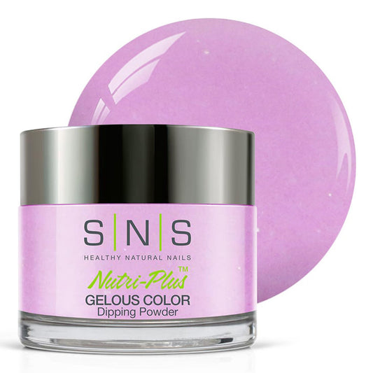 SNS Nail Dip Powder First Bite bottle shows purple lavender shimmer for at-home color