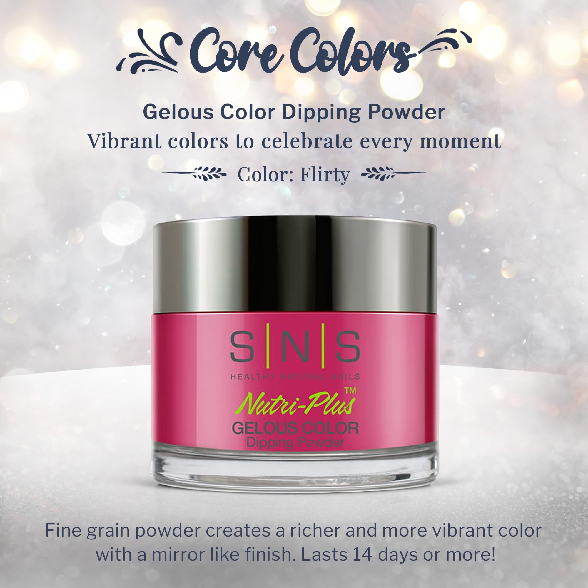 SNS Nail Dip Powder Flirty texture close-up shows rich pigment and smooth application