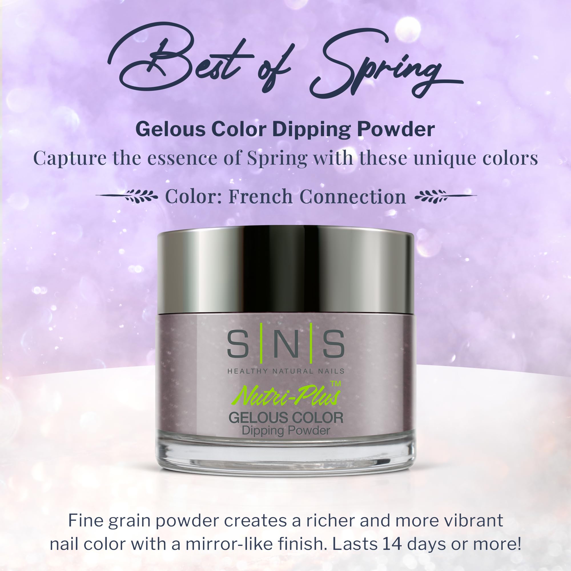 SNS French Connection swatch on nail reveals rich purple-mauve shimmer